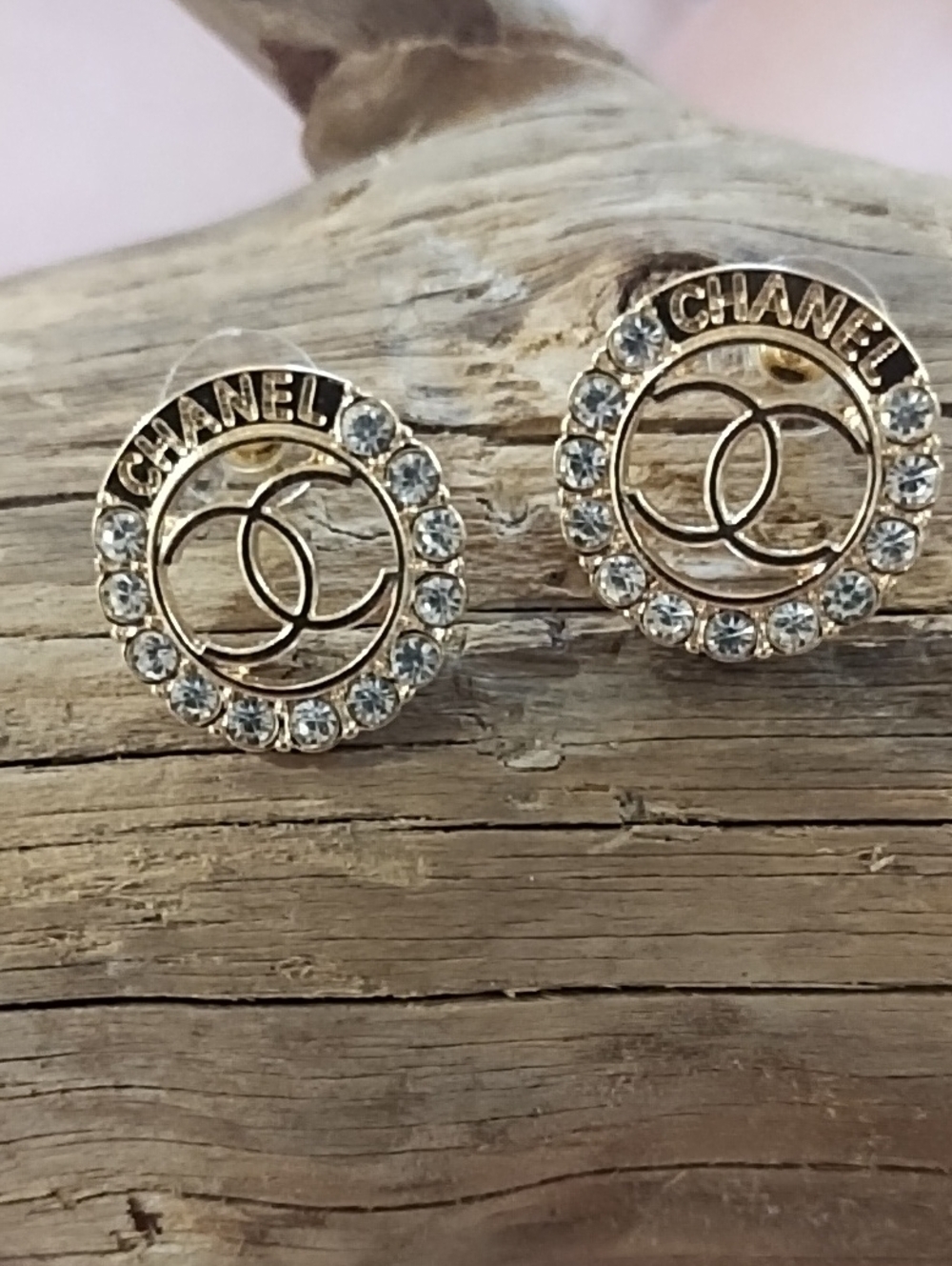 Gold Crystal CC Logo Stud Earrings - Gold and Clear